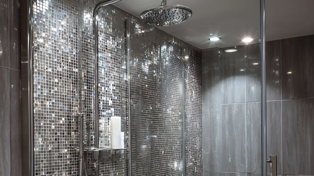 Modern luxury bathroom shower with shimmering silver mosaic tiles.