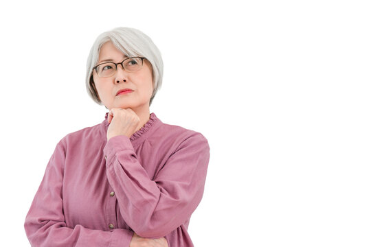 Senior women with gray or silver hair (thinking, questioning, hesitating, imagining, worrying)