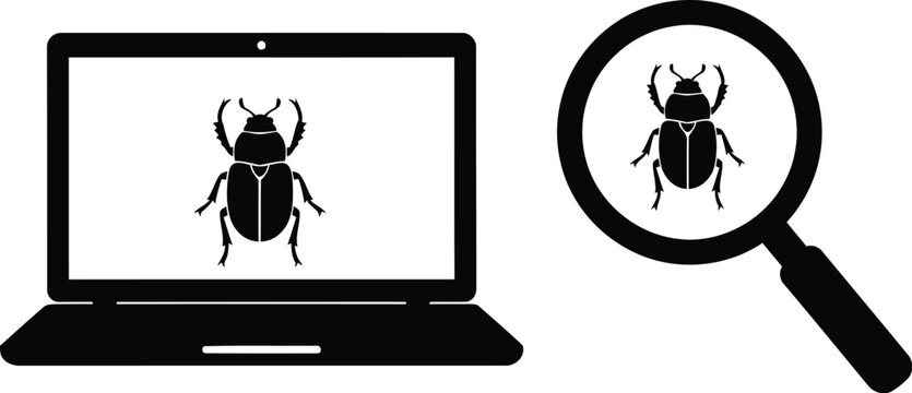 A black and white graphic illustration representing software debugging with a laptop and magnifier.