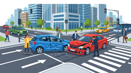 Naklejka premium City car crash at intersection with damaged vehicles, drivers shocked