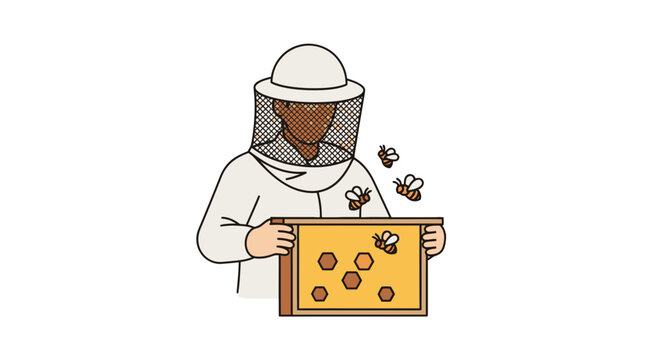 Beekeeper holding honeycomb frame with bees.