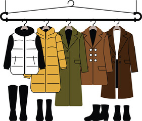 Winter wardrobe collection featuring puffer jackets long wool coats and black leather boots hanging on rack vector illustration © MdRakib