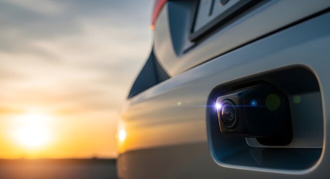 Rear view camera system on a modern car for parking assistance and safety, with a bright sunset in the background.