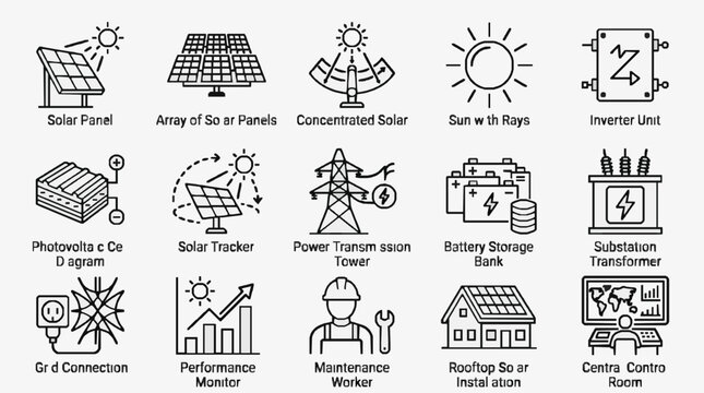 Corporate of Solar Energy Systems and Components with Black and White Line Icons with high quality professional line art symbols for modern creative design and digital branding projects