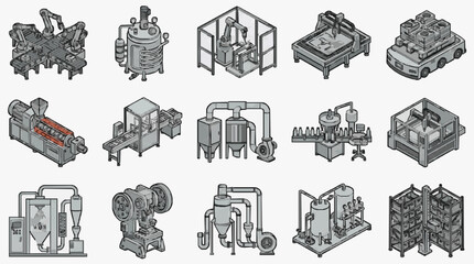 Obraz premium Modern Industrial Machinery Set 15 Unique Grayscale Equipment Illustrations for Manufacturing and Production