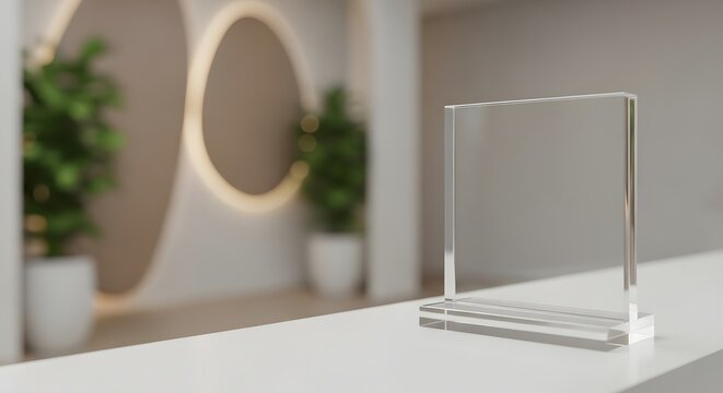 Clear acrylic table tent sign holder on a white counter with a blurred modern interior background, perfect for displaying information or promotions.
