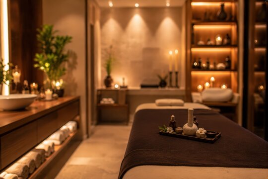 luxury spa treatment room massage table aromatherapy candles wellness center relaxation interior design aesthetic massage therapy tranquil atmosphere