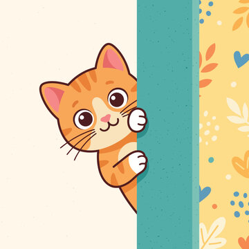 Adorable ginger kitten peeking around a corner with playful eyes and a cheerful expression, a delightful illustration for animal lovers