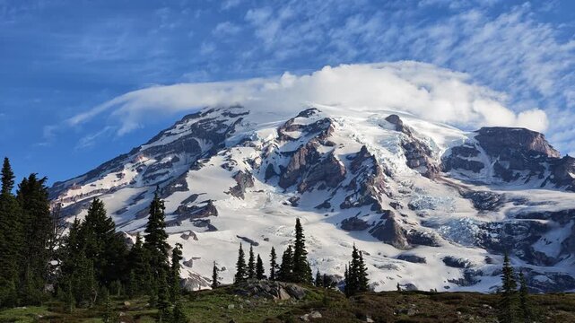 Time lapse of Mount Rainier snow cap and clouds