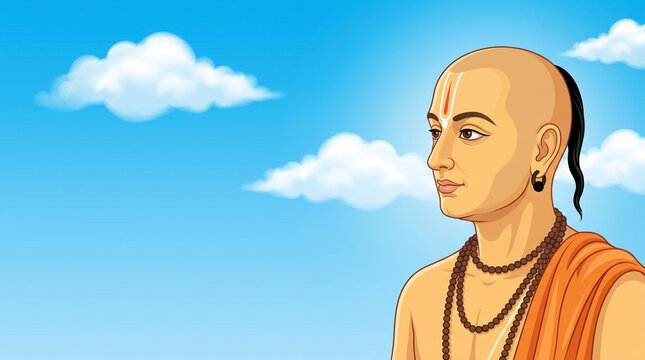 Side profile of ancient indian philosopher chanakya under a clear blue sky with clouds strategist tulsidas jayanti