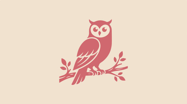 Minimalist Owl Perched on a Branch with Leaves.