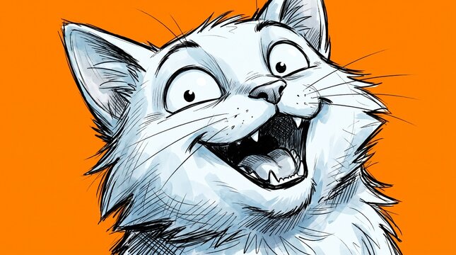 Funny excited cartoon white cat face with open mouth and wide eyes sketch illustration on orange background
