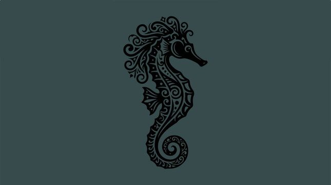Ornate Black Seahorse Illustration with Intricate Details.