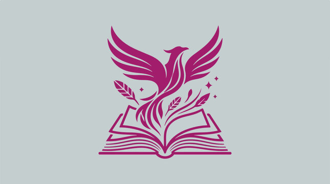 Phoenix rising from open book, symbolizing knowledge, rebirth, and growth through education.