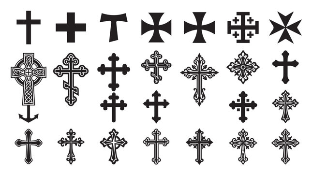 Religious cross icons set, 25 black vector christian symbols, ornate celtic and orthodox crucifix silhouettes, decorative spiritual church emblems