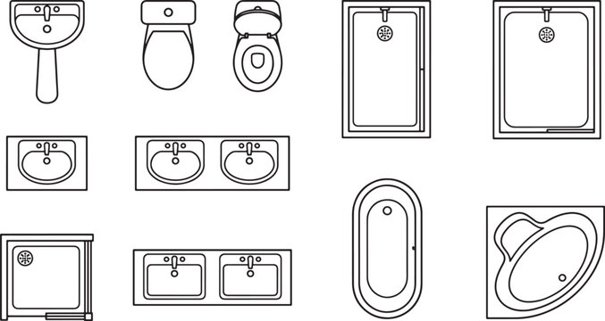 Bathroom furniture top view icons set including sinks toilets showers and bathtubs in black line art