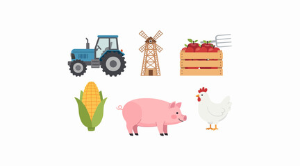 Fototapeta premium Farm Icon Set: Tractor, Mill, Apples, Corn, Pig, Chicken