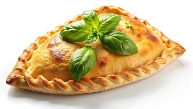 Golden baked calzone with fresh basil leaves on a clean white background