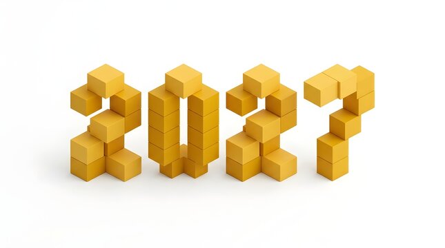 Isometric 3D block text 2027 made of golden wooden cubes with isometric calendar construction