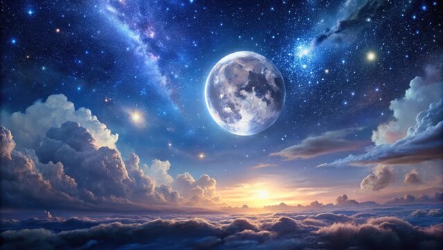 A painting of a night sky with a large moon and stars
