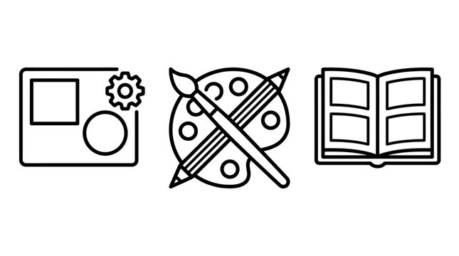 Creative design and art direction minimal outline icons set with creative settings graphics software composition portfolio illustration production workflow development workspace drafting