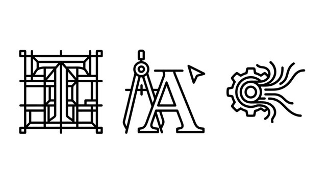 Typography and precision engineering minimal outline icons set with typography engineering lettering precision technical graphics drafting mechanical alphabet architecture software geometry