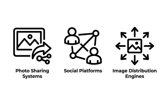 Photo sharing social platforms and image distribution engine icons with distribution platform connection internet communication technology transfer broadcast interface marketing graphical
