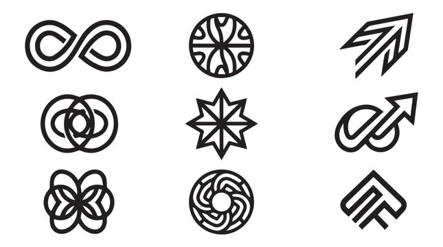 Minimalist geometric logo set, 9 black line art icons, abstract corporate branding symbols, modern vector infinity and arrow marks for tech identity