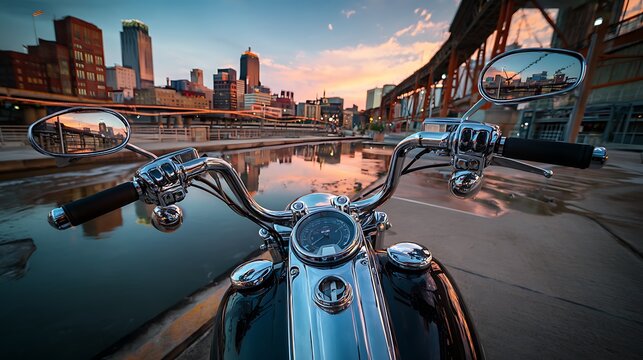 Motorcycle handlebars view of city skyline at sunset.