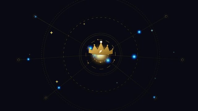 Golden crown icon with glowing digital lines and particles on dark background