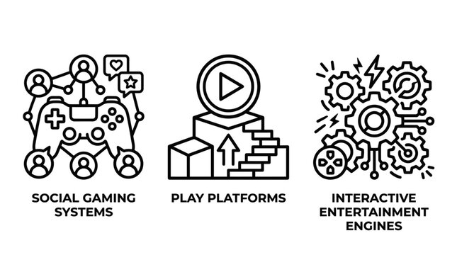 Set of social gaming and interactive entertainment systems icons with controller platform entertainment interactive technology software development community interface electronics hardware