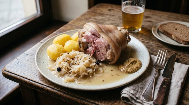 Traditional German Eisbein Pork Knuckle with Sauerkraut
