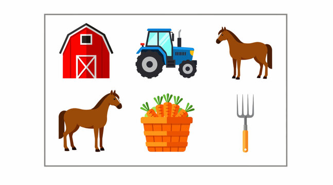 Farm icons: barn, tractor, horses, carrots, pitchfork