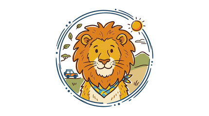 Cute cartoon lion in safari hat with jeep and sun on African savanna © hejue
