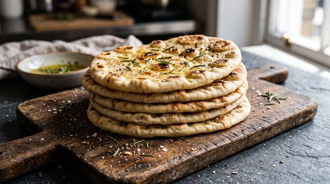 Authentic Greek Pita Flatbread on Wooden Board