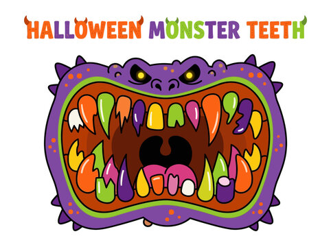 Cartoon purple monster face with a gaping mouth full of colorful jagged teeth under the text HALLOWEEN MONSTER TEETH