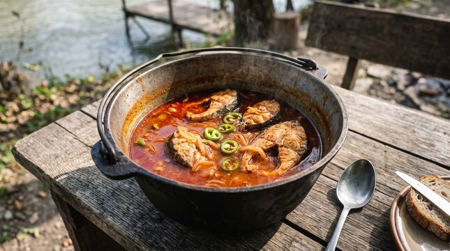 Classic Hungarian Halaszle Fisherman Fish Soup