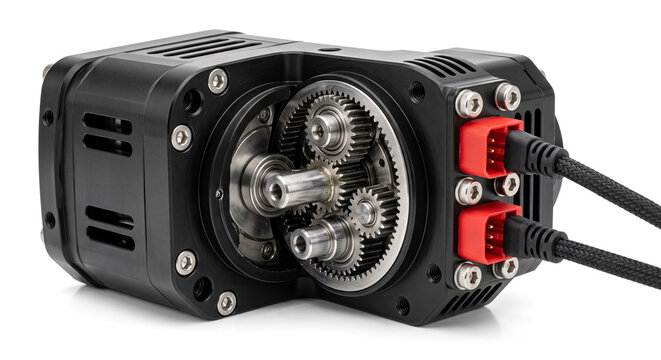 Advanced planetary gear transmission unit inside black housing with electrical cable connectors.