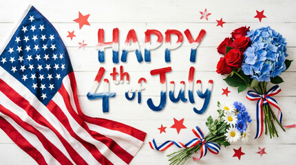 Obraz premium Patriotic Happy Fourth of July sign with American flag ribbon flowers stars celebrating freedom.