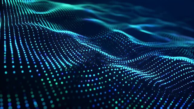 Abstract digital wave pattern with glowing blue and teal particles creating a futuristic data visualization.