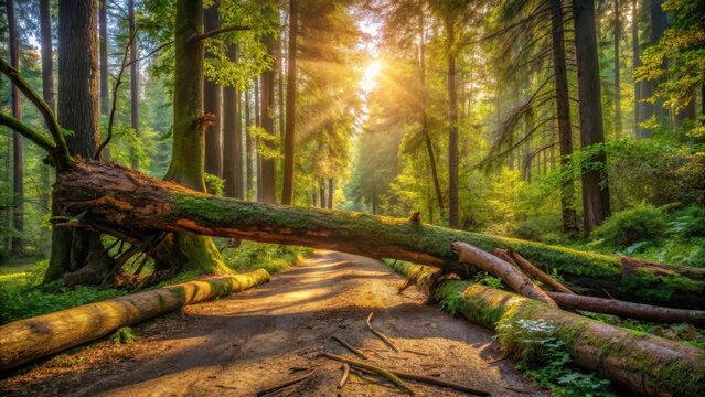 A fallen tree blocks a forest path