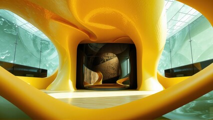 Fototapeta premium Organic architecture, fluid forms dominate interior space. Warm tones contrast cool glass elements, creating dramatic visual effect.