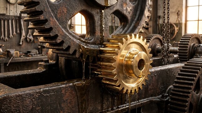 Detailed View of Heavy Industrial Machinery Featuring Large Interlocking Metal Gears in a Vintage Factory Setting