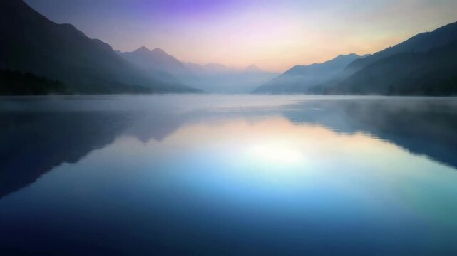 Serene Mountain Lake Reflection at Sunrise with Soft Pastel Sky Colors for Tranquil Background