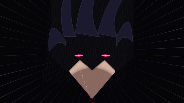 Dark Animated Character with Glowing Eyes and Heart-Shaped Face in a Stylized Black Background