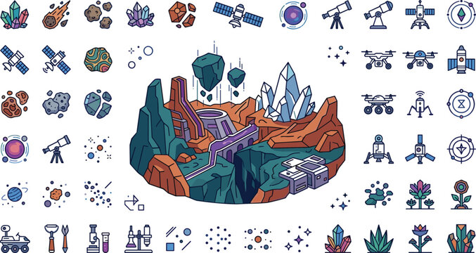 Space colonization mars base vector elements set featuring sci-fi planet landscape asteroid mining colony and astronomy icons for gaming interface web design