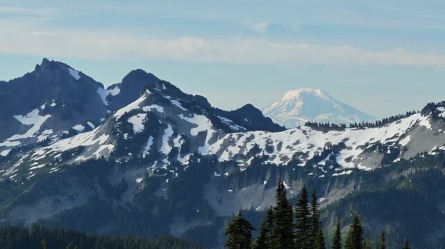 Snowy mountain peaks and evergreen forest in Washington state