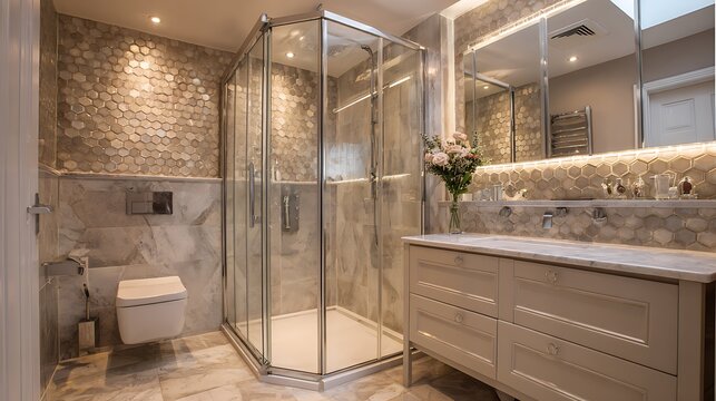 Modern luxury bathroom interior with glass shower cabin and vanity unit.
