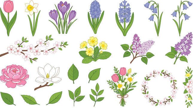 Spring botanical flower vector clip art bundle featuring colorful tulips bluebells lilac peony wreath and isolated leaves for seasonal greeting card surface pattern design