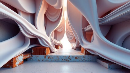 Fototapeta premium Abstract architecture, flowing forms, warm light. Minimalist design, futuristic space, smooth surfaces, orange accents. Dramatic perspective, modern aesthetic.